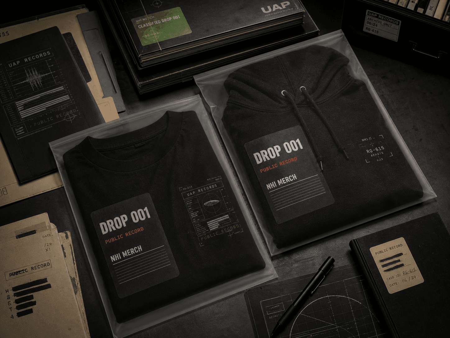 NHI Merch Drop 001 folded apparel packed in archive-style bags