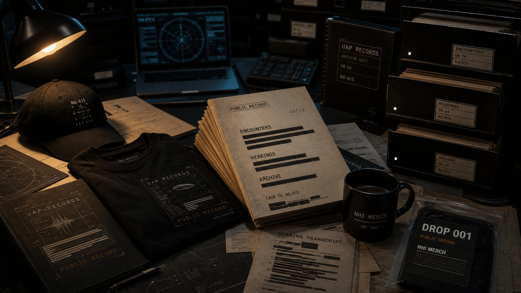 NHI Merch records-room brand world with archive folders, radar screen, apparel, and public-record labels